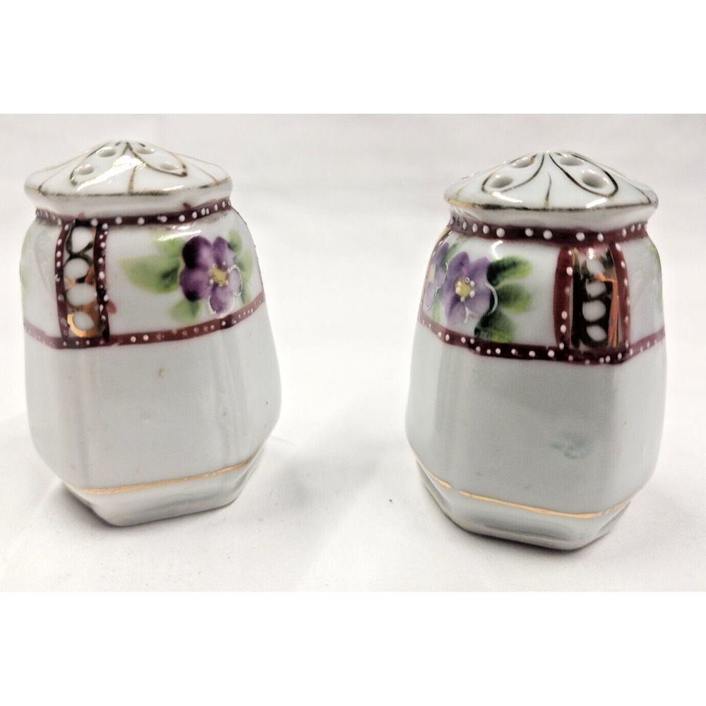 VTG  Moriage Hand Painted Porcelain Salt & Pepper Shakers Violets Floral Hexagon - Picture 2 of 4